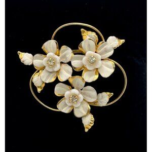 Enamel Flower Brooch White On Gold tone Crystal Centers Made in Austria Vintage